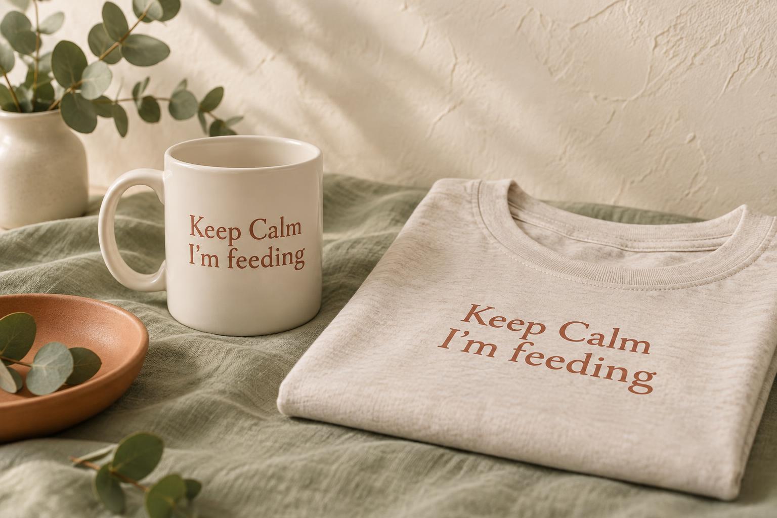 Keep Calm I’m feeding mug and t-shirt by Bump to Baby